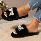 Chaussons en fausse fourrure moelleuse pour femmes avec joli nœud papillon, doublure en tissu confortable EVA antidérapant