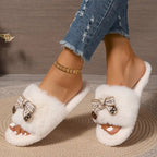 Chaussons en fausse fourrure moelleuse pour femmes avec joli nœud papillon, doublure en tissu confortable EVA antidérapant