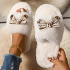 Chaussons en fausse fourrure moelleuse pour femmes avec joli nœud papillon, doublure en tissu confortable EVA antidérapant