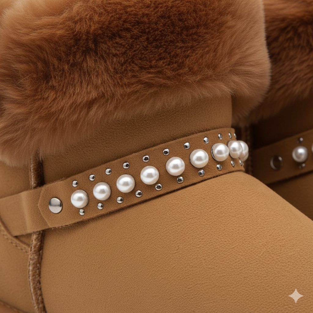Bottines en fourrure douce pour femme avec détails en perles – Confort et chaleur en hiver