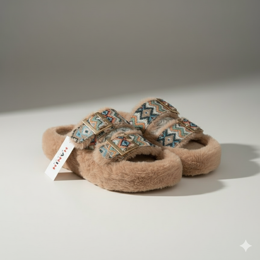 Pantoufles à double boucle en fausse fourrure pour femmes - Bouts fermés et chauds