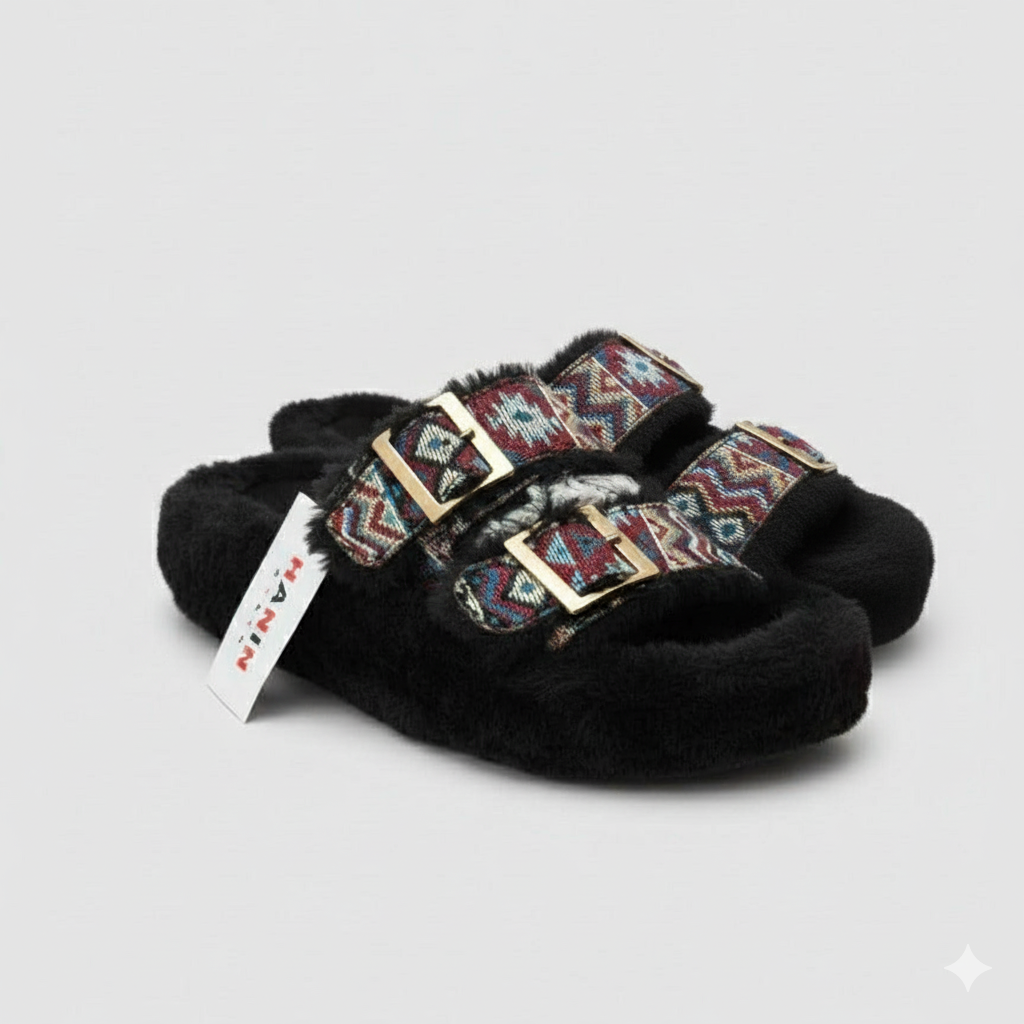 Pantoufles à double boucle en fausse fourrure pour femmes - Bouts fermés et chauds