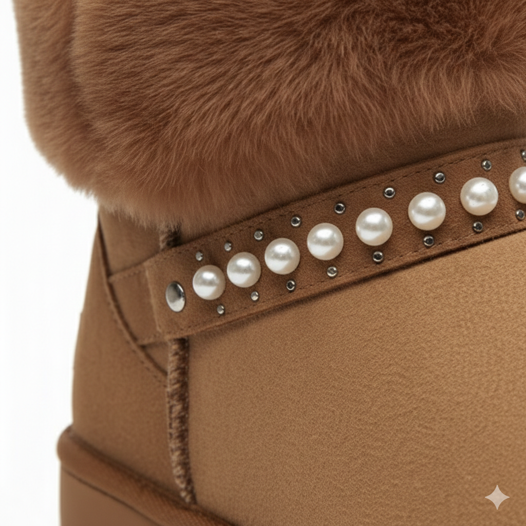 Bottines en fourrure douce pour femme avec détails en perles – Confort et chaleur en hiver