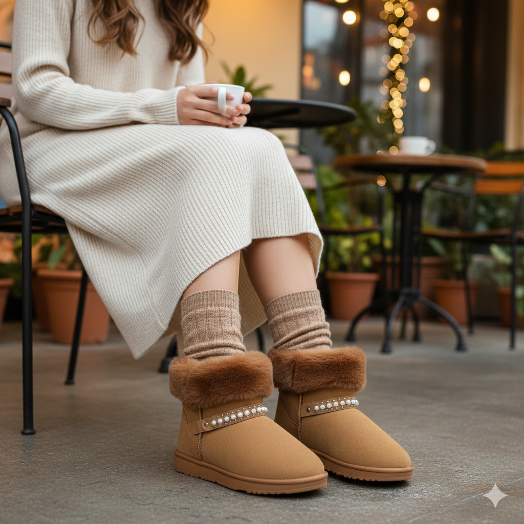 Bottines en fourrure douce pour femme avec détails en perles – Confort et chaleur en hiver