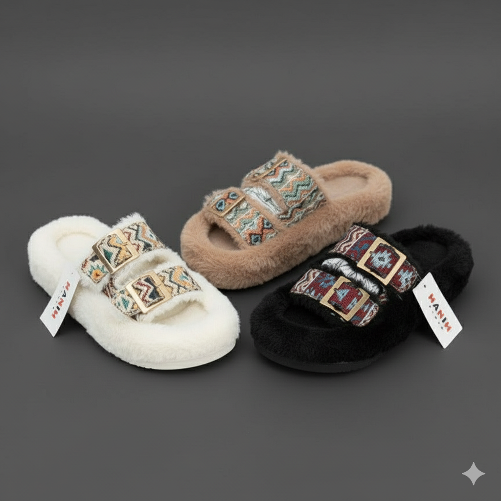 Pantoufles à double boucle en fausse fourrure pour femmes - Bouts fermés et chauds