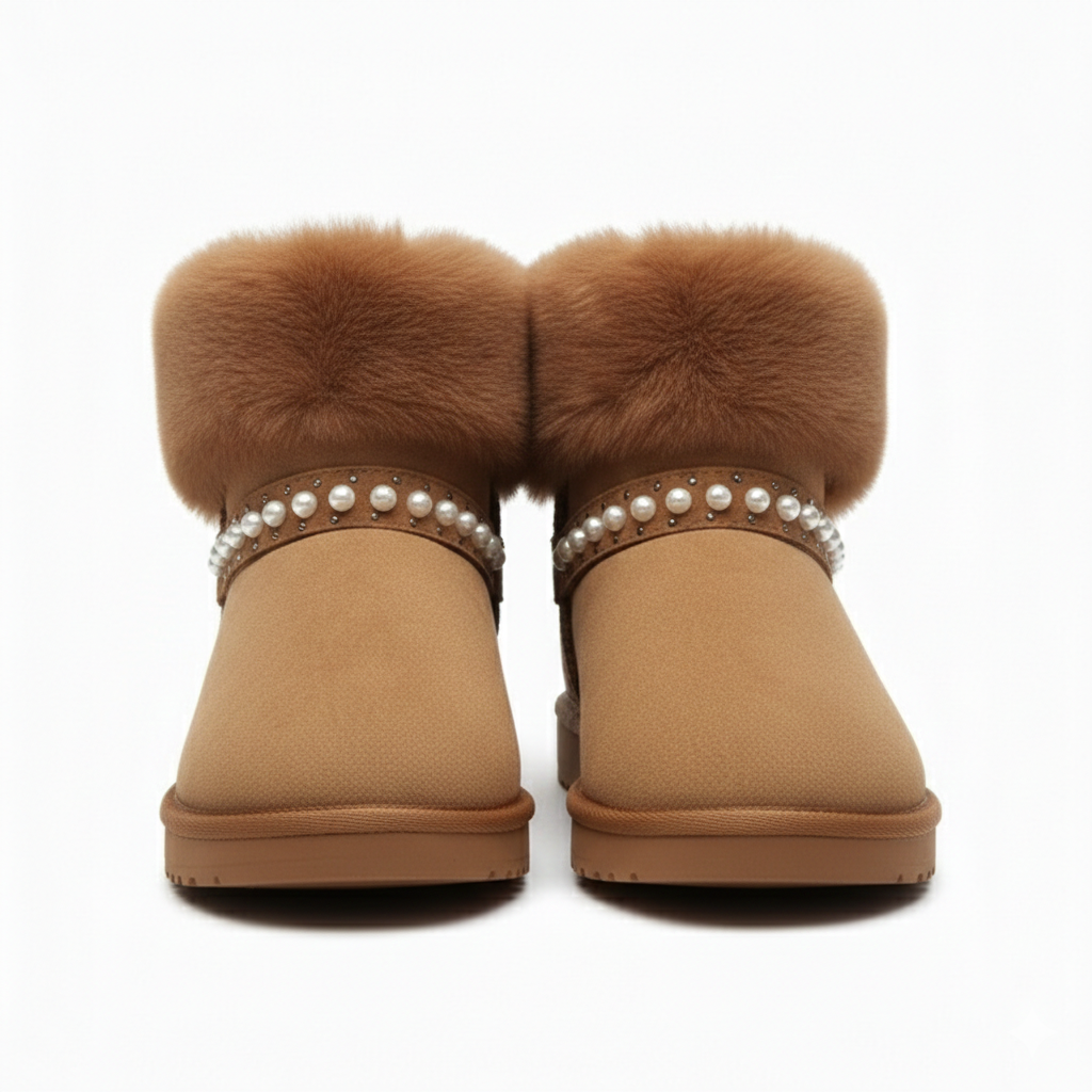 Bottines en fourrure douce pour femme avec détails en perles – Confort et chaleur en hiver