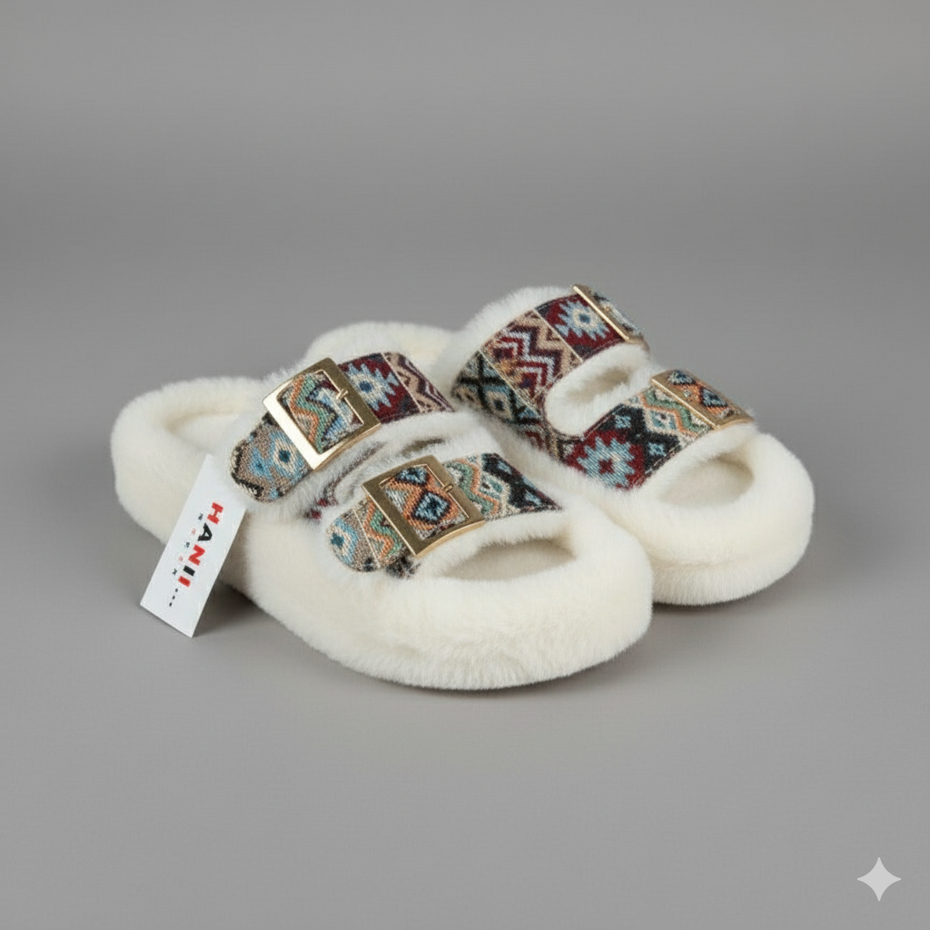 Pantoufles à double boucle en fausse fourrure pour femmes - Bouts fermés et chauds