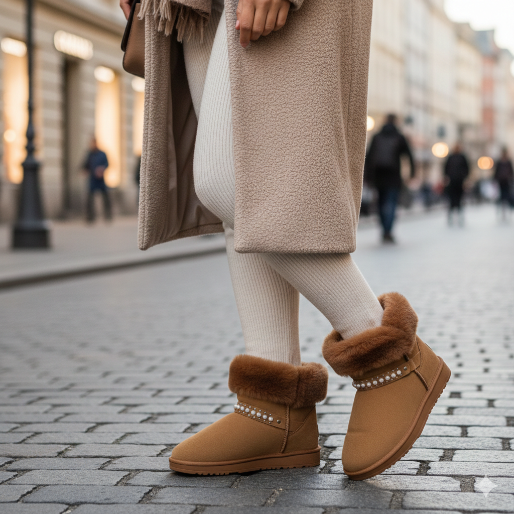 Bottines en fourrure douce pour femme avec détails en perles – Confort et chaleur en hiver