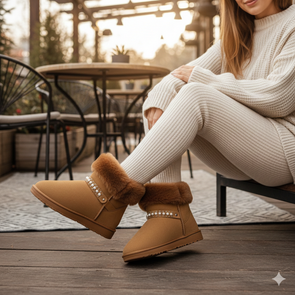 Bottines en fourrure douce pour femme avec détails en perles – Confort et chaleur en hiver
