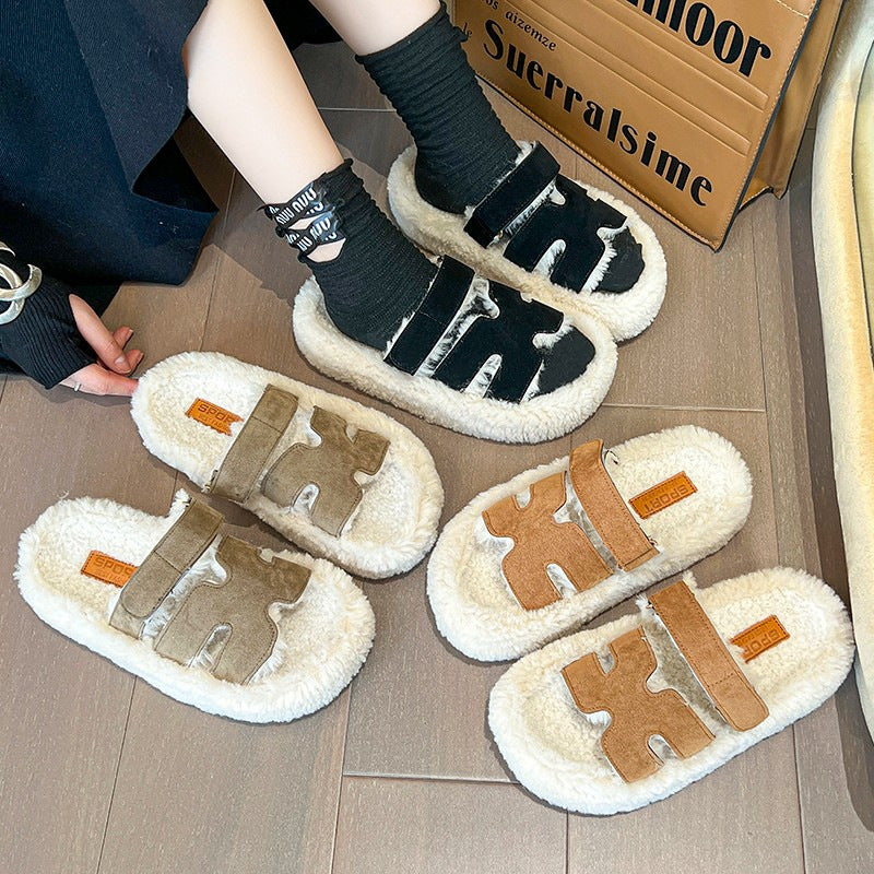 Chaussons en fourrure à semelle épaisse pour femmes - Plus velours, antidérapants et chauds pour l'automne et l'hiver, nouveaux chaussons en coton