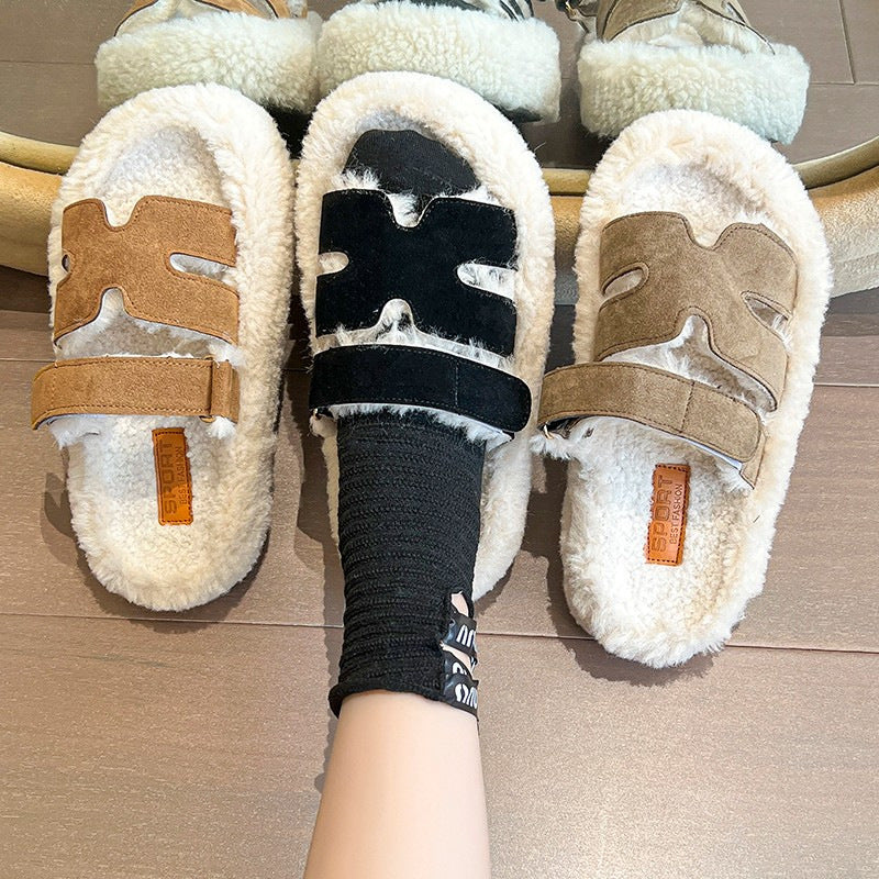 Chaussons en fourrure à semelle épaisse pour femmes - Plus velours, antidérapants et chauds pour l'automne et l'hiver, nouveaux chaussons en coton