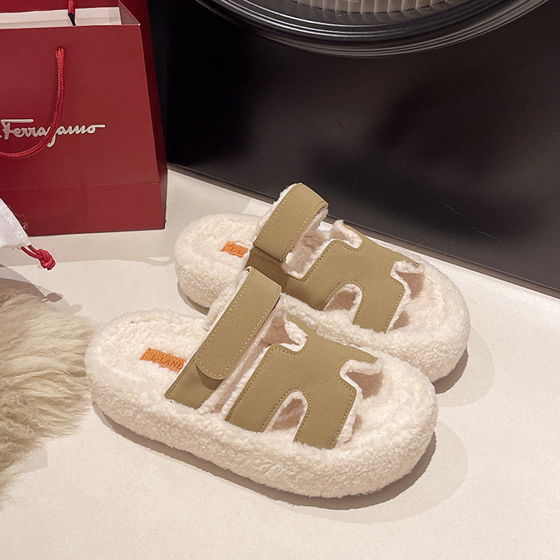 Chaussons en fourrure à semelle épaisse pour femmes - Plus velours, antidérapants et chauds pour l'automne et l'hiver, nouveaux chaussons en coton