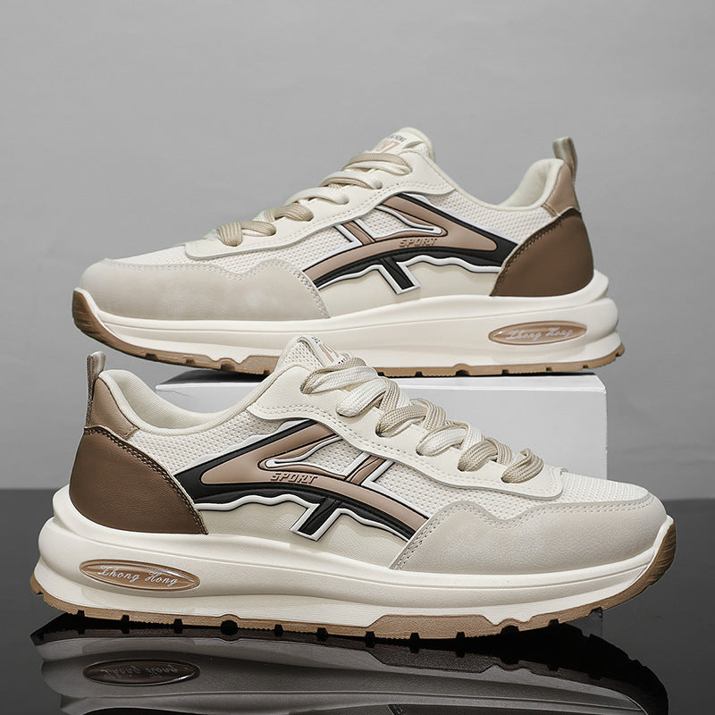 Baskets basses en cuir tendance pour jeunes : chaussures de course à lacets à semelles épaisses et à blocs de couleurs