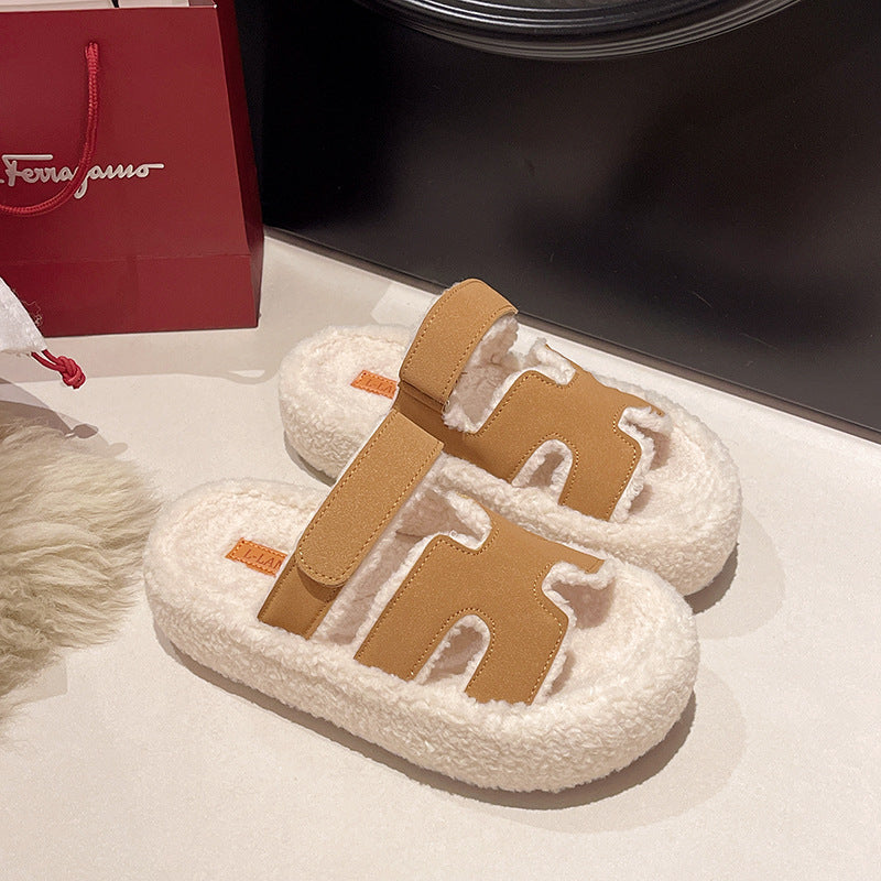 Chaussons en fourrure à semelle épaisse pour femmes - Plus velours, antidérapants et chauds pour l'automne et l'hiver, nouveaux chaussons en coton