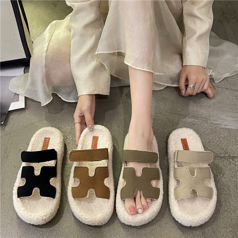 Chaussons en fourrure à semelle épaisse pour femmes - Plus velours, antidérapants et chauds pour l'automne et l'hiver, nouveaux chaussons en coton