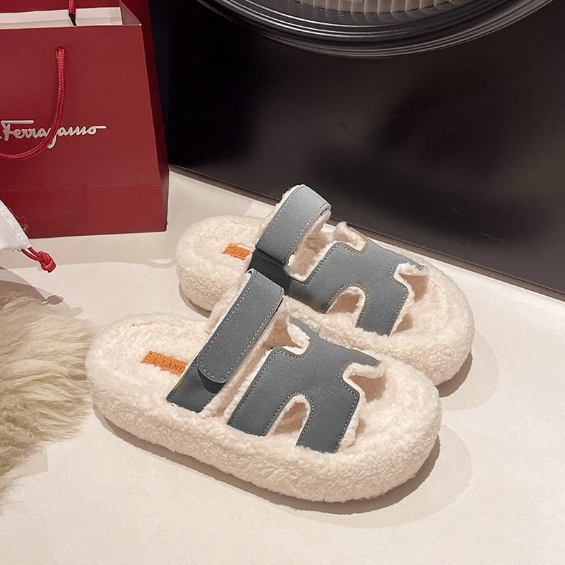 Chaussons en fourrure à semelle épaisse pour femmes - Plus velours, antidérapants et chauds pour l'automne et l'hiver, nouveaux chaussons en coton