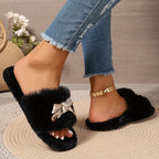 Chaussons en fausse fourrure moelleuse pour femmes avec joli nœud papillon, doublure en tissu confortable EVA antidérapant
