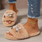 Chaussons en fausse fourrure moelleuse pour femmes avec joli nœud papillon, doublure en tissu confortable EVA antidérapant