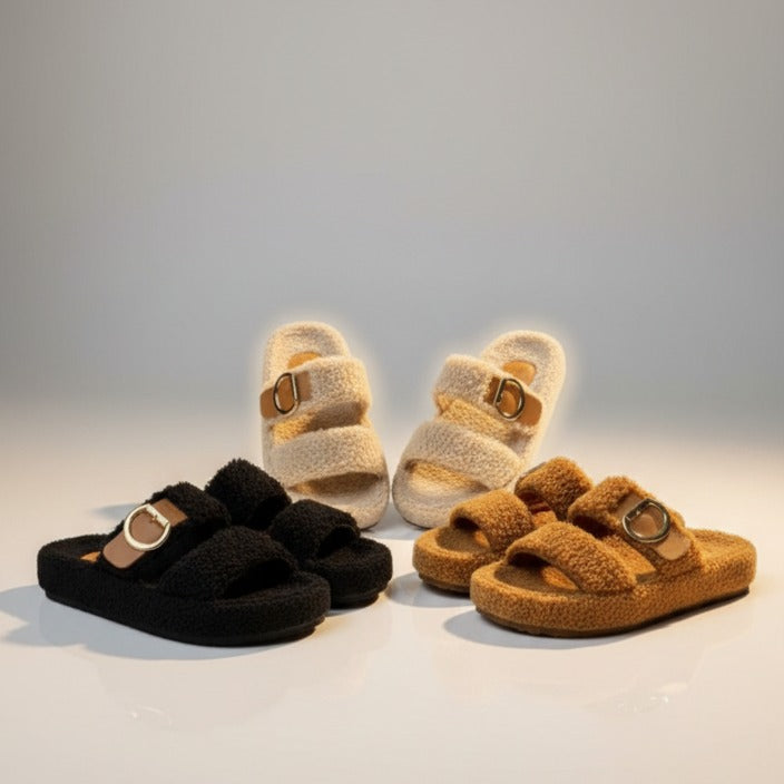Sandales à double boucle en matière douce et chaude pour femmes - confort et maintien assurés