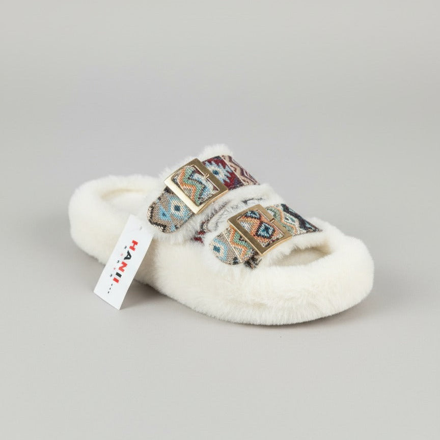 Pantoufles à double boucle en fausse fourrure pour femmes - Bouts fermés et chauds