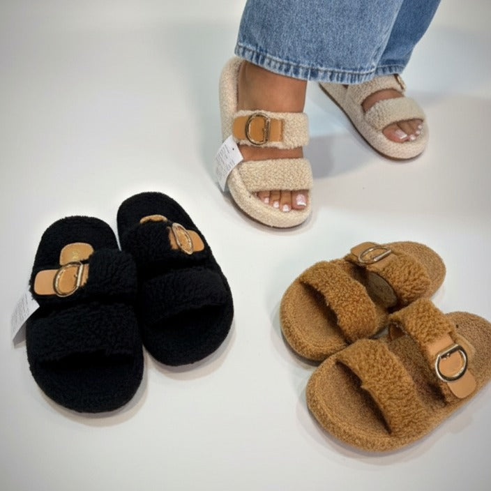 Sandales à double boucle en matière douce et chaude pour femmes - confort et maintien assurés