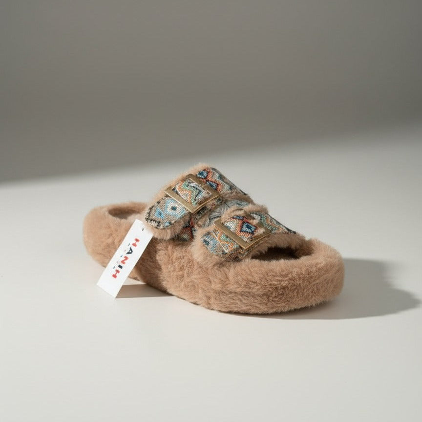 Pantoufles à double boucle en fausse fourrure pour femmes - Bouts fermés et chauds