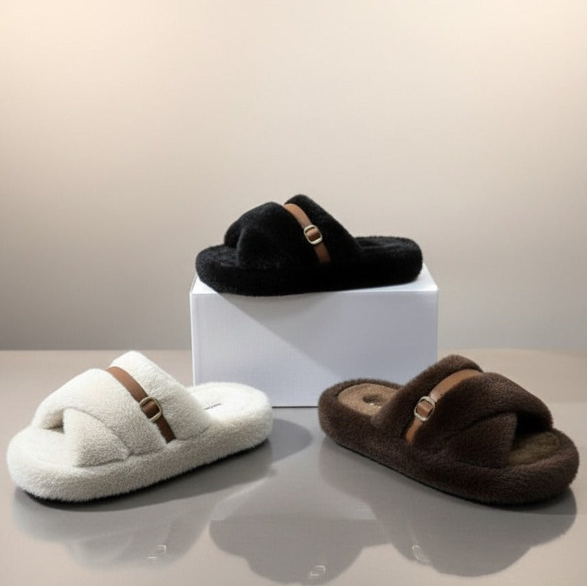 Chaussons en peluche pour femmes : chaudes, respirantes, à bout ouvert et à boucle