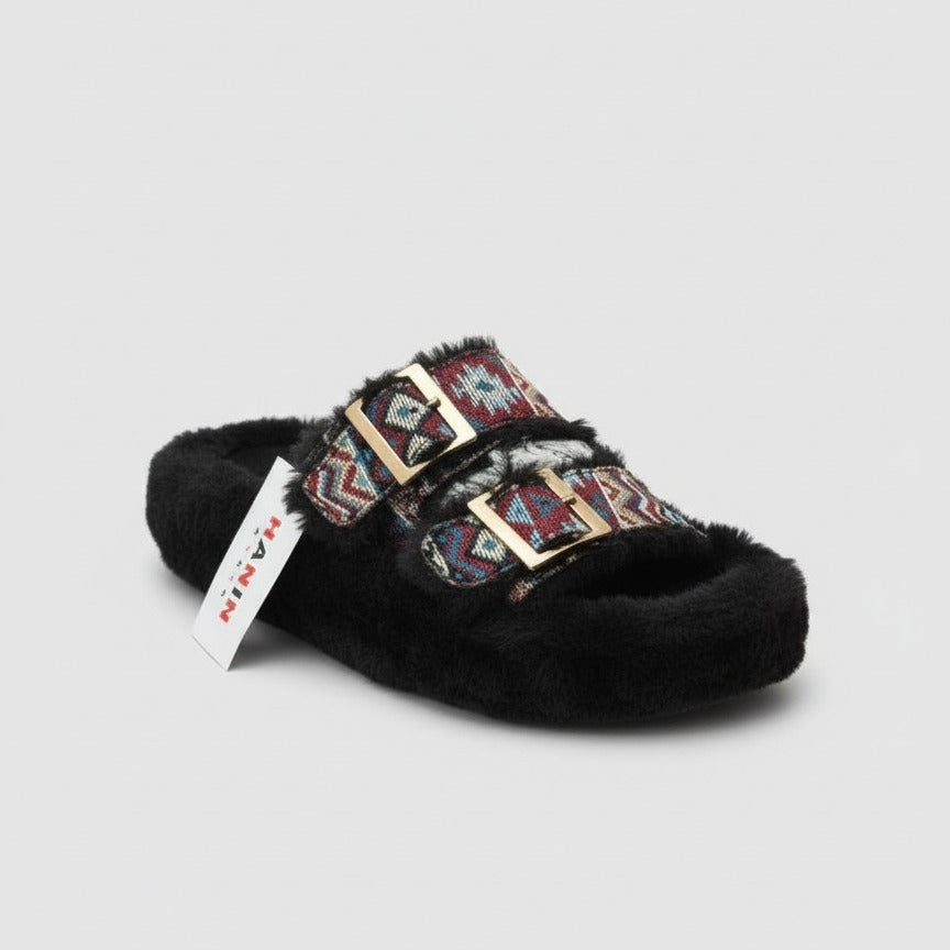 Pantoufles à double boucle en fausse fourrure pour femmes - Bouts fermés et chauds
