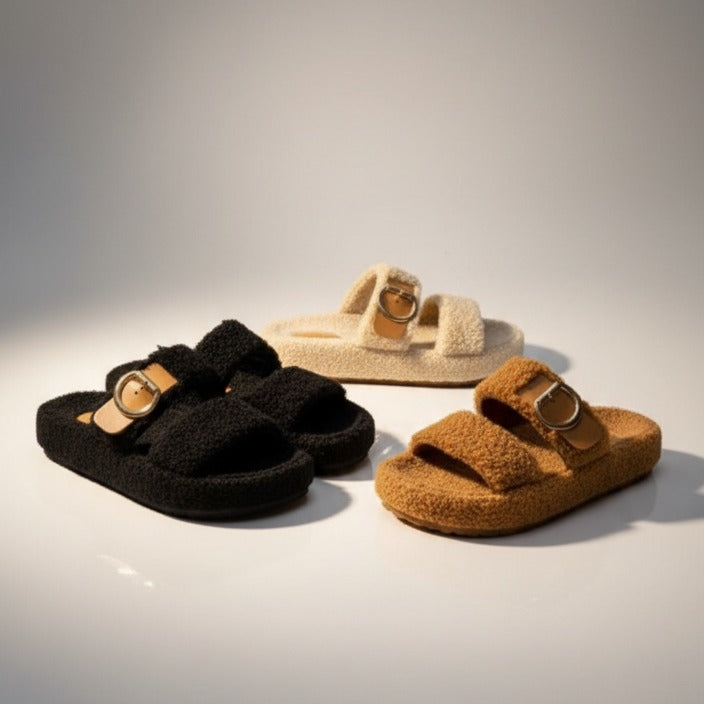 Sandales à double boucle en matière douce et chaude pour femmes - confort et maintien assurés