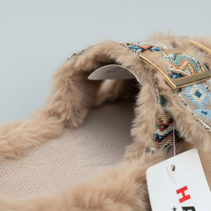 Pantoufles à double boucle en fausse fourrure pour femmes - Bouts fermés et chauds