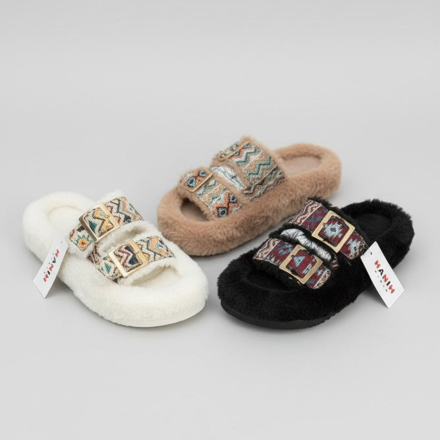 Pantoufles à double boucle en fausse fourrure pour femmes - Bouts fermés et chauds
