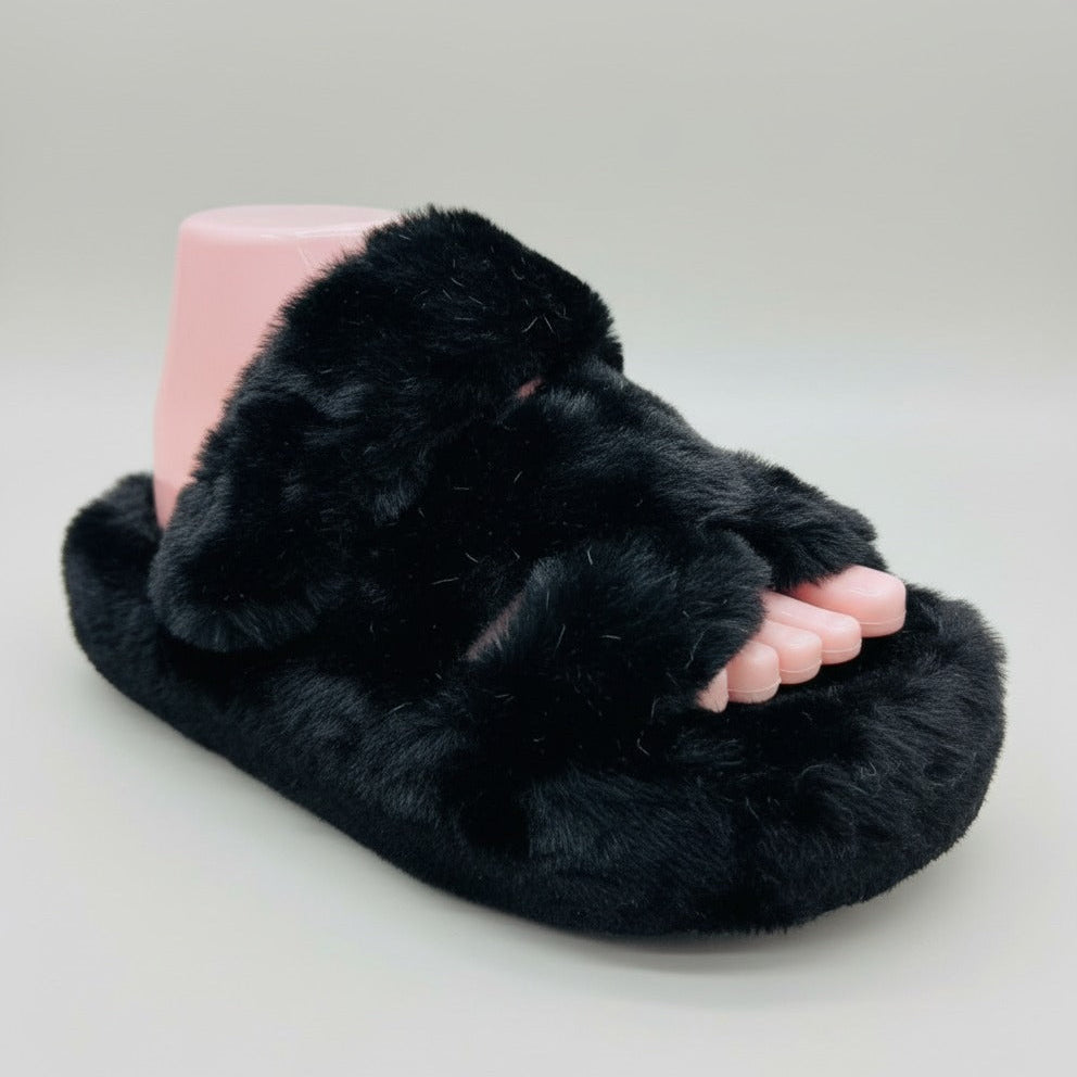 Pantoufles à bout ouvert en fausse fourrure pour femmes (Léopard et noir)