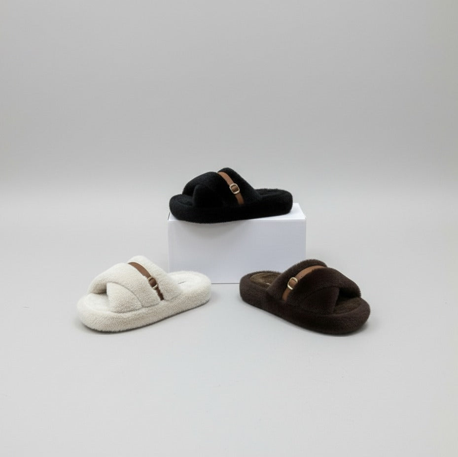 Chaussons en peluche pour femmes : chaudes, respirantes, à bout ouvert et à boucle