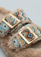 Pantoufles à double boucle en fausse fourrure pour femmes - Bouts fermés et chauds