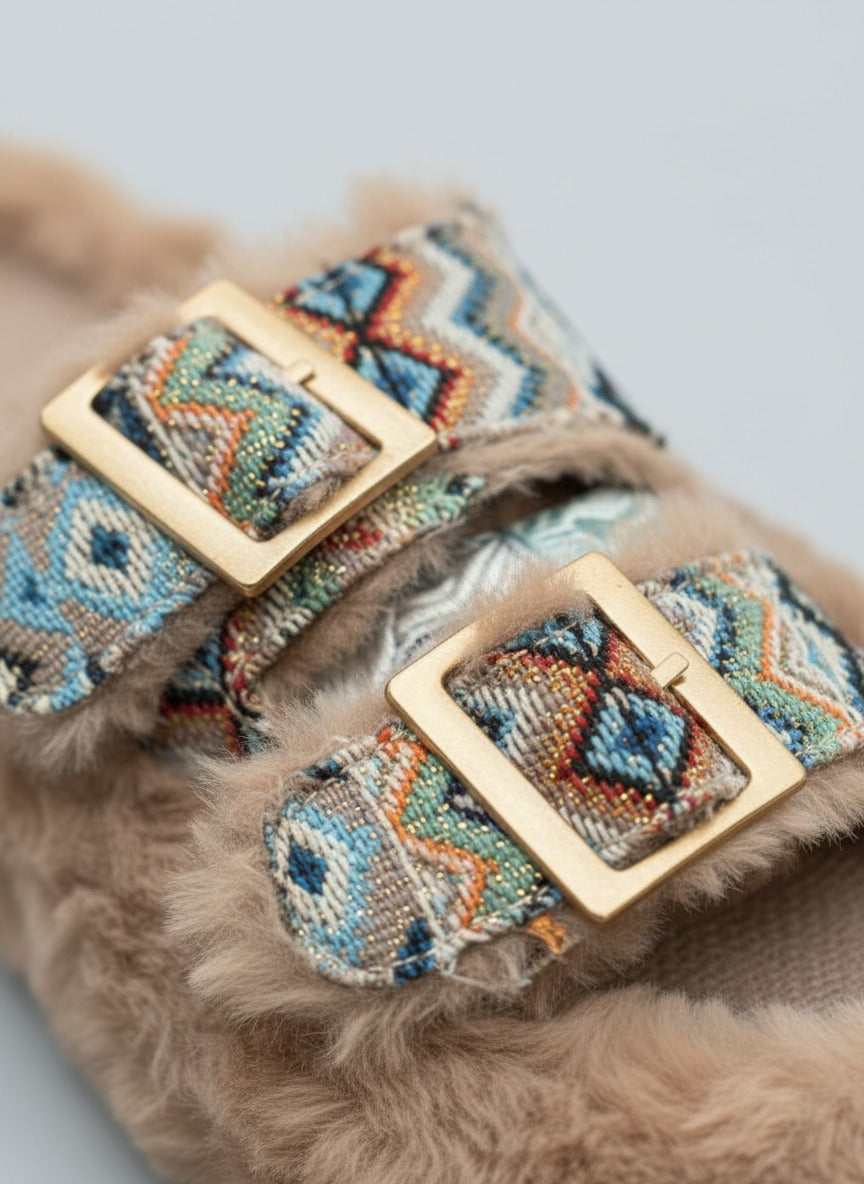 Pantoufles à double boucle en fausse fourrure pour femmes - Bouts fermés et chauds