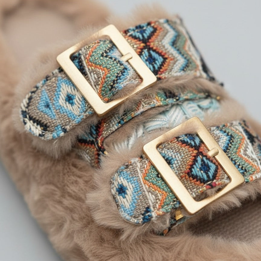 Pantoufles à double boucle en fausse fourrure pour femmes - Bouts fermés et chauds