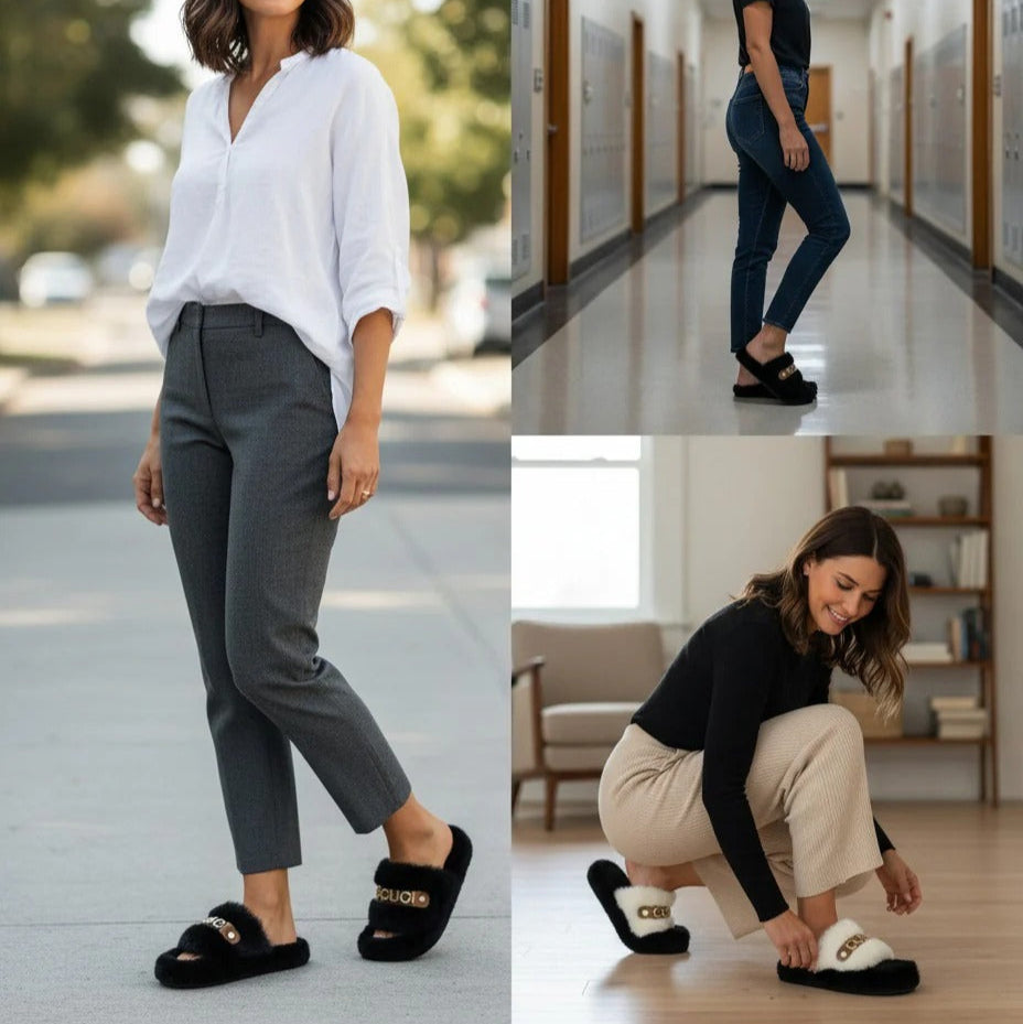 Chaussons à semelle fourrure pour femmes - Circulation d'air chaude, bride rembourrée