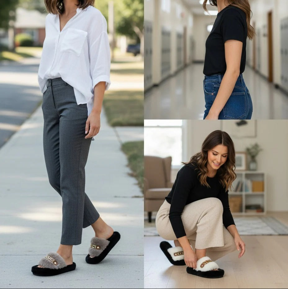 Chaussons à semelle fourrure pour femmes - Circulation d'air chaude, bride rembourrée