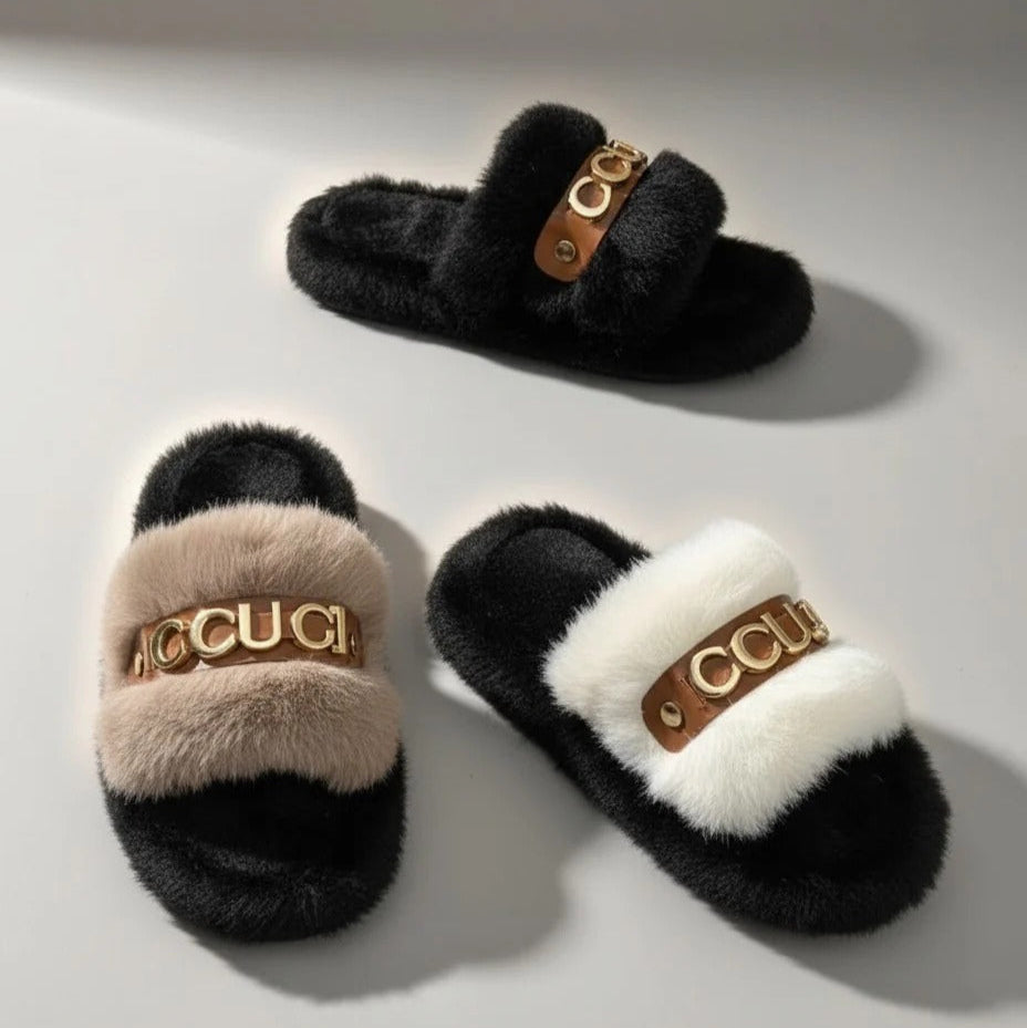 Chaussons à semelle fourrure pour femmes - Circulation d'air chaude, bride rembourrée