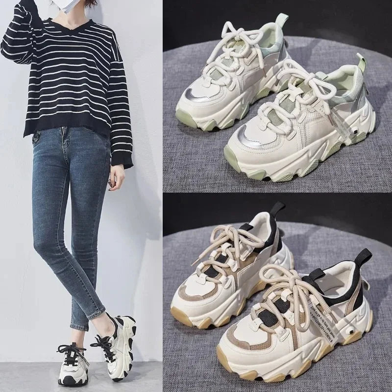Chaussures d'été à semelle épaisse pour femme. Chaussures décontractées à lacets plates et confortables.